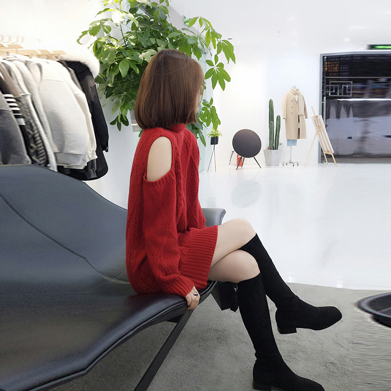 车厘子红露肩高领气质ins连衣裙 bobowaltz连衣裙