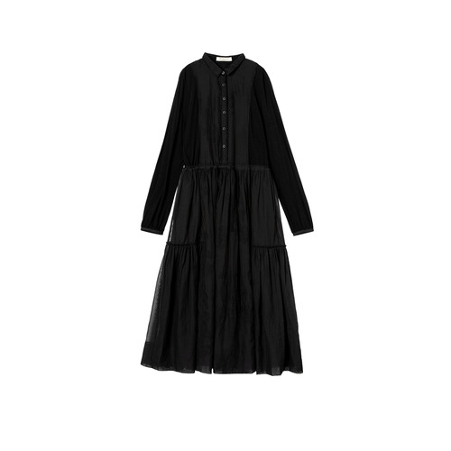 EXCEPTION例外女装羊毛连衣裙绣花抽绳褶皱设计POLO领宽松长裙子 - 图3