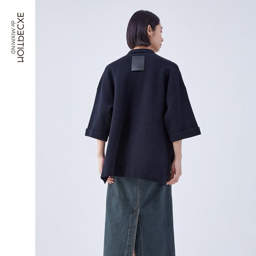 EXCEPTION例外女装春秋款毛针织衫手工绣花翻领设计七分袖毛衣女 - 图1