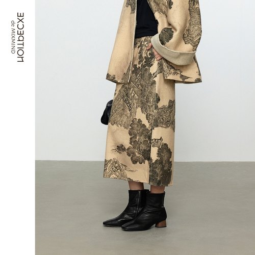 EXCEPTION例外秋装女新中式半身裙优雅气质绵羊毛半裙秋冬款 - 图0