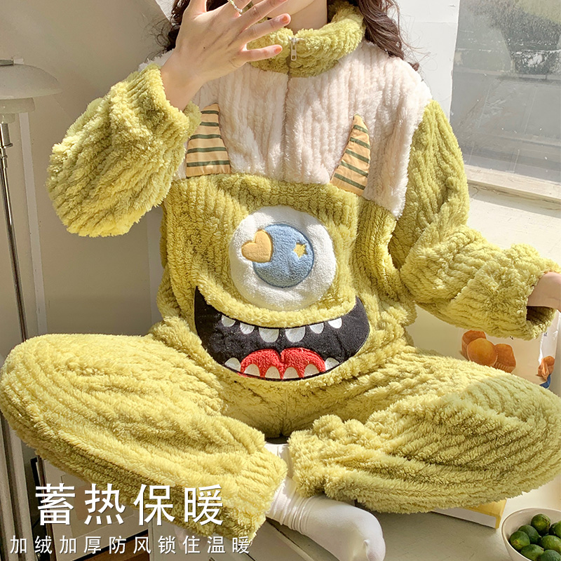 2023新款大码珊瑚绒睡衣女秋冬款加绒加厚冬季天法兰绒家居服套装