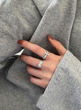 冷淡风S925纯银十字架食指戒女字母戒指开口男个性时尚指环嘻哈风