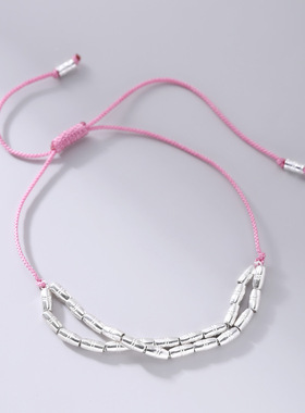 925纯银双层链条米粒手链女精致手工编织椭圆扁珠可调节手环6494L