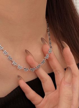 韩国东大门S925纯银拼接小蝴蝶项链女复古做旧泰银锁骨链春夏新款