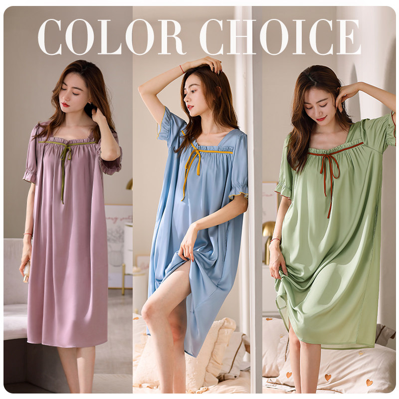 睡裙夏季冰丝短袖长款仿真丝绸长裙 轩靓睡裙