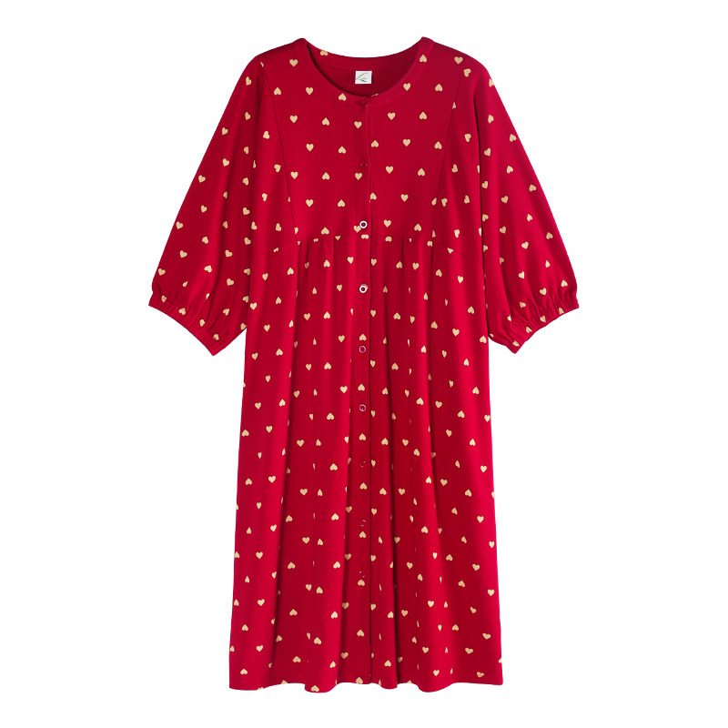 大红色女士纯棉中袖结婚开衫睡裙 轩靓睡裙