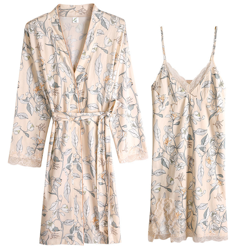 春秋性感纯棉长袖吊带两件套睡裙 轩靓睡裙