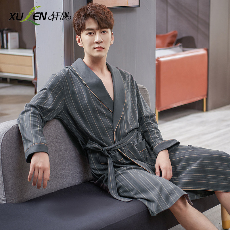 男春秋纯棉长袖长款连体一体式睡袍 轩靓睡袍/浴袍
