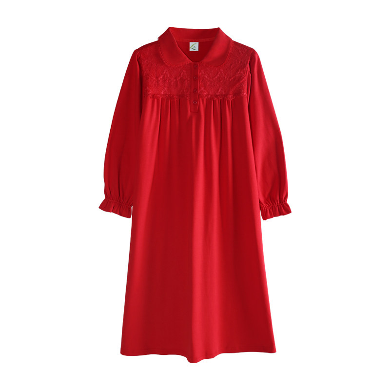 结婚情侣女秋长袖纯棉大红色睡裙 轩靓睡衣/家居服套装