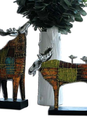 油画麋鹿树脂玄关动物落地摆件