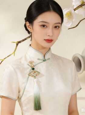 古风流苏团扇胸针女旗袍压襟扣花千骨同款轻奢珍珠配饰汉服别针
