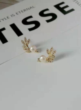 14K包金树叶天然珍珠耳环925银针
