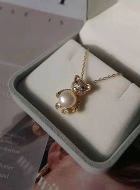 天然淡水珍珠小熊项链14K包金