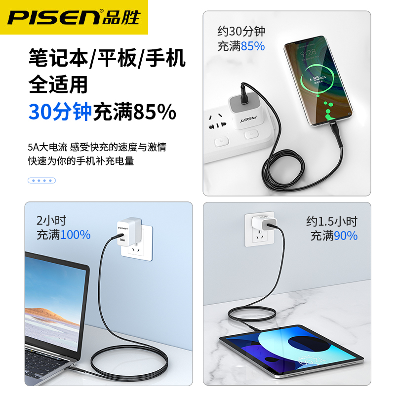 品胜双typec数据线100W超级快充pd60W闪充5a充电器线适用苹果华为小米笔记本手机平板iPad冲电ctoc加长充电线