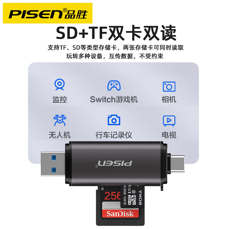 品胜读卡器USB3.0二合一sd/tf内存卡高速转换器多功能相机typec手机电脑两用otg通用大卡SD车载U盘行车记录仪-图1