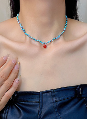韩版夏日蓝色串珠项链新款红心小