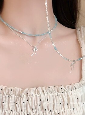 蓝色串珠碎银子项链女款高级感