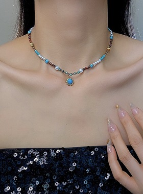 复古天然绿松石吊坠串珠项链小众