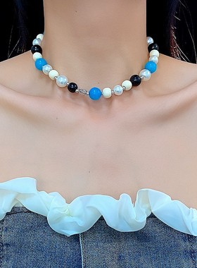 珍珠拼色玻璃串珠项链法式复古高