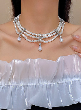 法式复古水滴流苏镶钻多层珍珠项