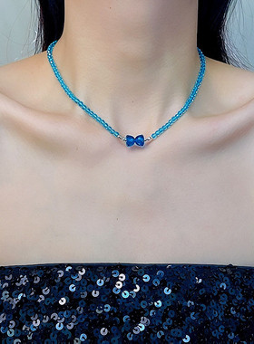 复古氛围感水晶串珠锁骨链女蓝色