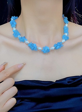不规则蓝色碎石串珠项链女小众设