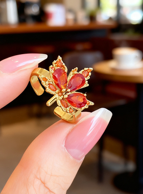 太美了！锆石红色枫叶开口戒指