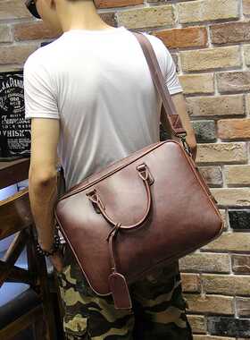 Men's crazy horse pu leather briefcases male fashion brown b