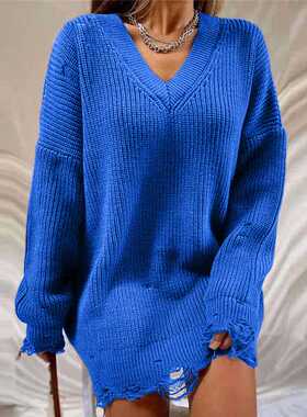 Casual Women's Solid Color Knitted Ladies Sweater V-neck Loo