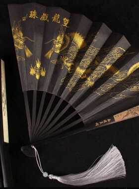 Retro style men's big folding fan with fan tassel Po