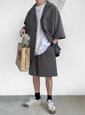 Korean Style Men's Set Suit Jacket and Shorts Solid Thin Sho