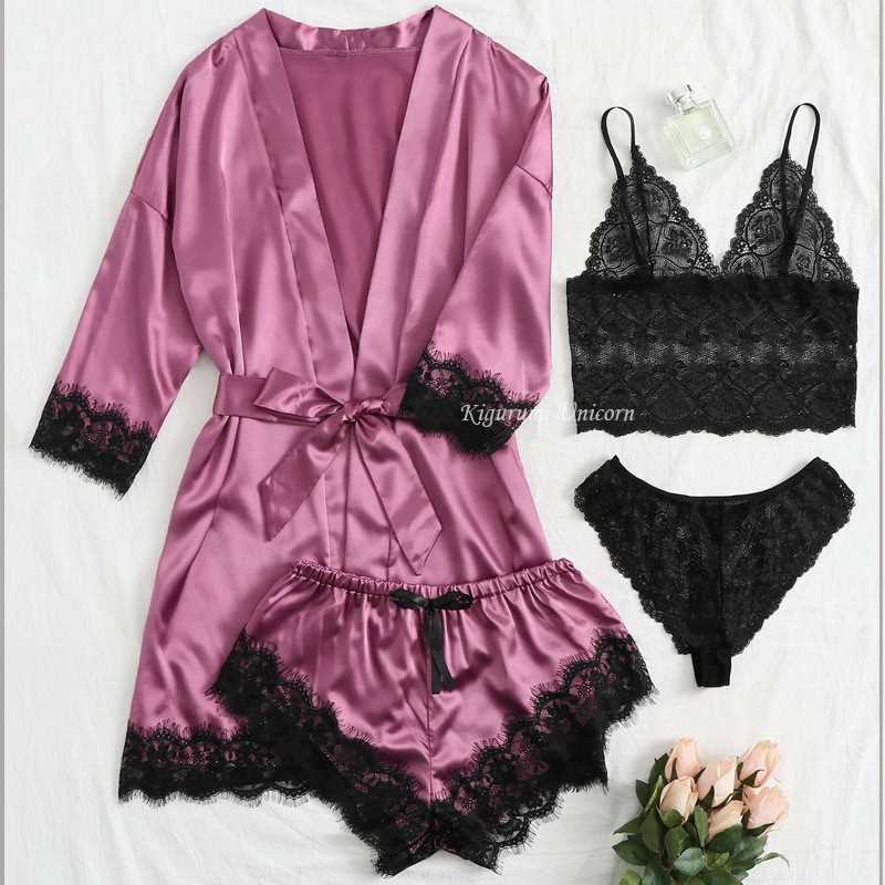 Woman Sleepwear 4pcs Floral Lace Trim Satin Pajamas Set with - 图3