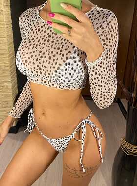 S- XXL Leopard Printed Long Sleeve Bikini Women Swimwear Fem