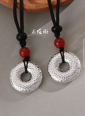 光面款S999足银平安扣吊坠实心项链招财貔貅个性手工锤纹情侣挂坠