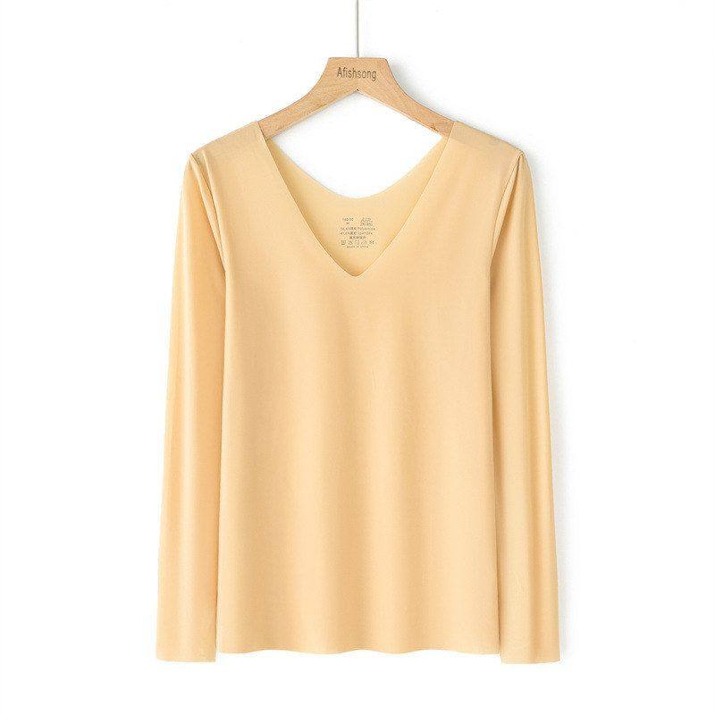 玻尿酸皮肤衣保暖超薄冰丝无痕肉色肌底衣肤色打底衫V领隐形秋衣 - 图3