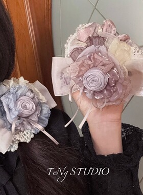 原创法式蕾丝珍珠玫瑰大肠发圈女