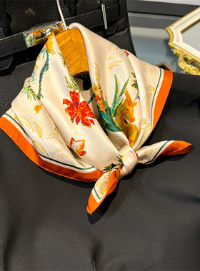 新款橙色印花真丝小方巾53cm