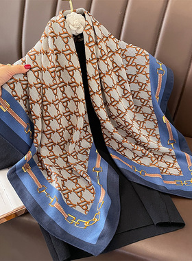 橙色环扣印花90大方巾棉麻围巾