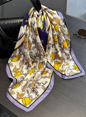 国风紫色素描花朵100%桑蚕丝围巾