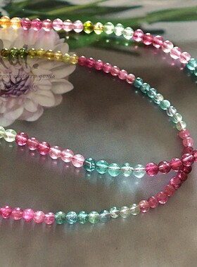 超净透巴西天然纤细锁骨碧玺项链 彩色圆珠碧玺项链 女整条是碧玺