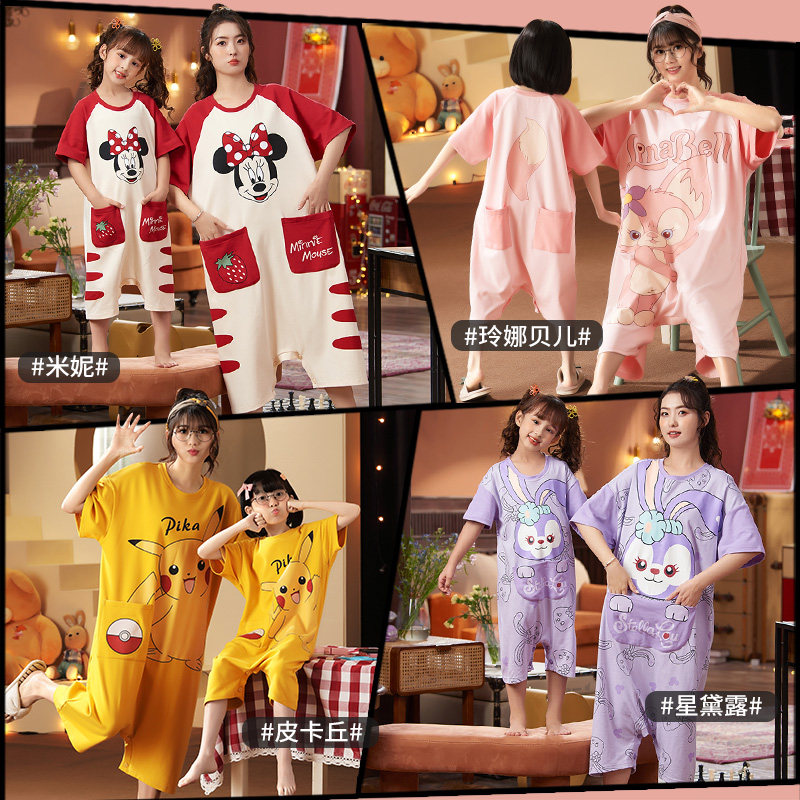 女童连体防踢夏季亲子纯棉短袖哈衣 甜雪妮睡裙