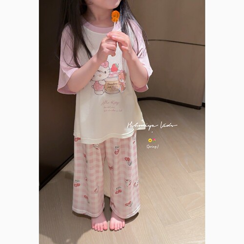 Spring韩国童装2026夏季新款亲子卡通印花天丝睡衣女童家居服套装 - 图2