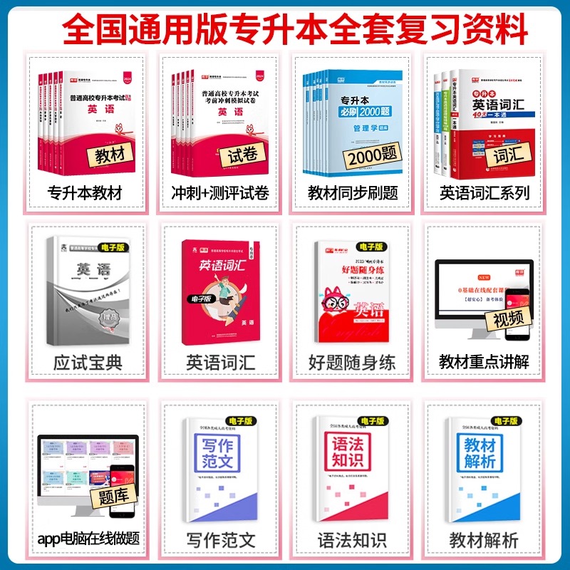 库课2024湖南专升本复习资料英语高等数学语文管理学教育学市场营销学经济学教材历年真题试卷必刷2000题英语词汇语法书统招专升本 - 图0