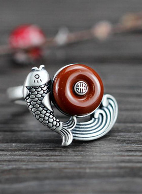 新品福鱼戒指复古仿南红开口夸张