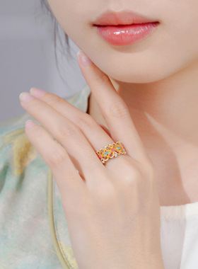 时尚描金繁花戒指女款轻奢高级感