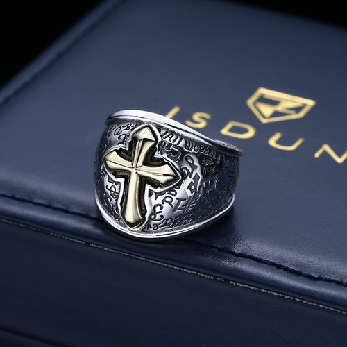 新品十字架戒指男士宽版食指 指环开口可调复古做旧重工 - 图0