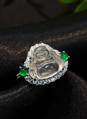 新品复古【绿边白佛】佛公戒指女