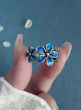 镀S925银景泰蓝珐琅花朵戒指清新