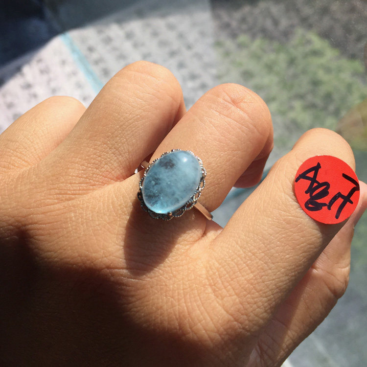 Special offer, free shipping, worry-free aquamarine large cabochon ring