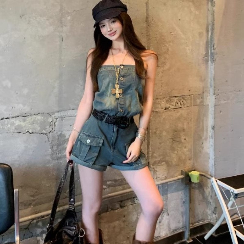 纯欲辣妹风蓝色连排扣连体抹胸牛仔裤女2025夏季复古性感修身短裤,淘宝优惠券,粉丝福利购,淘宝优惠卷